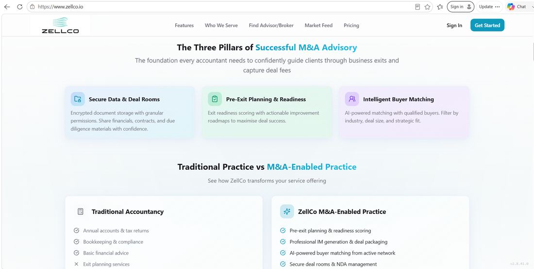 ZellCo.io website showing the three pillars of M&A advisory